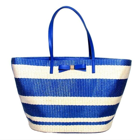 Kate Spade Blue White Striped Straw Wicklow Court Anabette‎ Large Tote Bag Purse - Picture 1 of 11